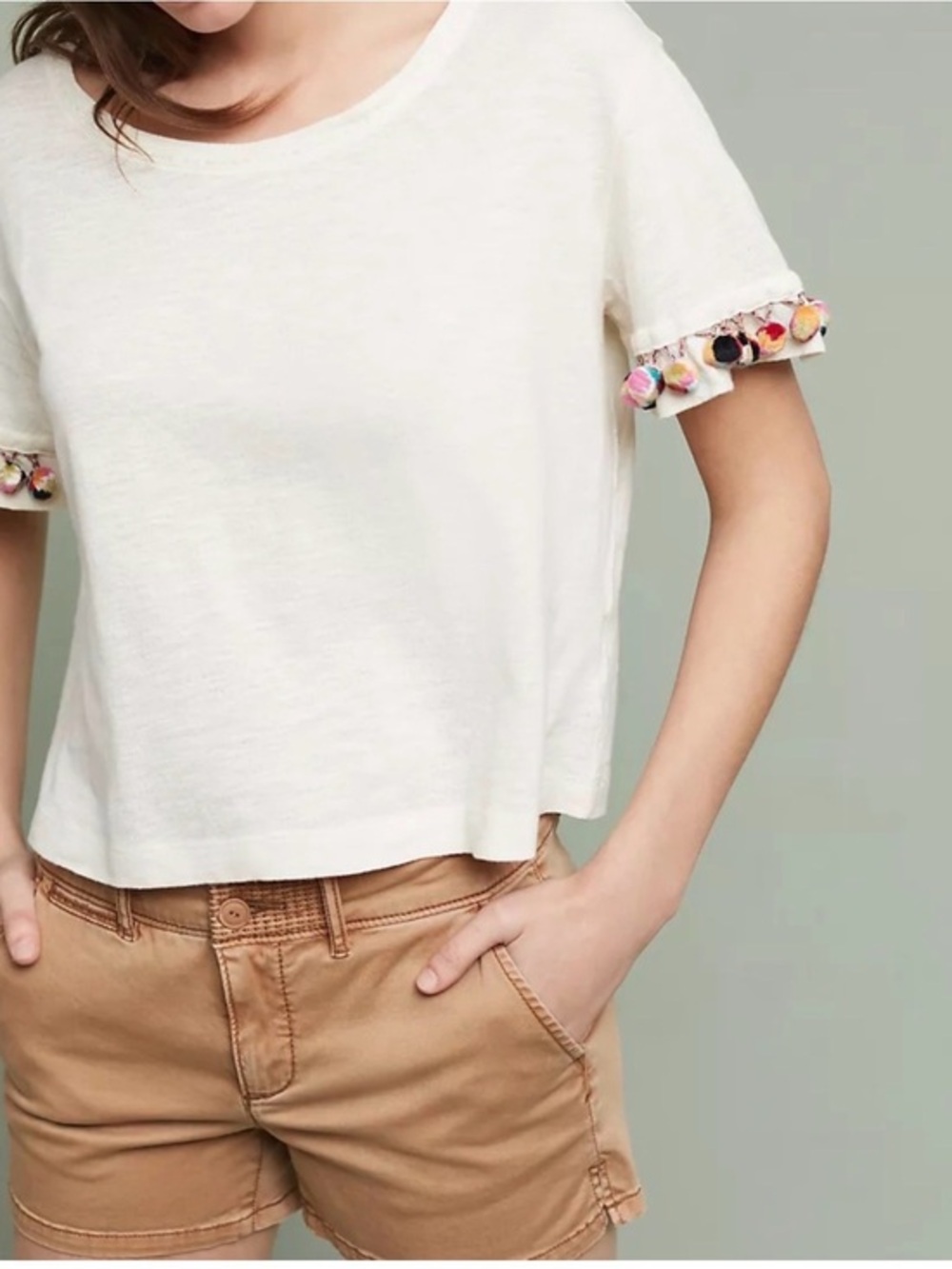 Anthropologie Lilka Pom Pom Sleeves Crewneck Soft Cotton T Shirt Sz Large